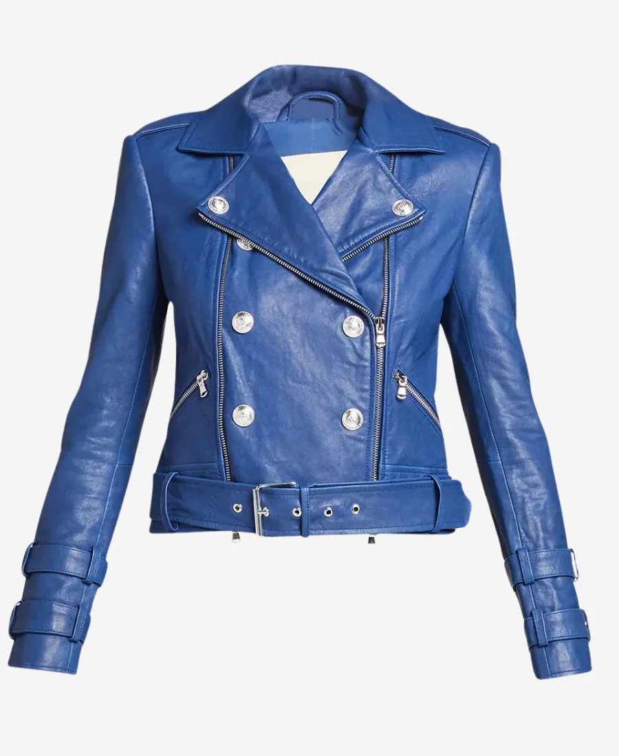 The Sex Lives of College Girls Renee Rapp Moto Blue Leather Jacket