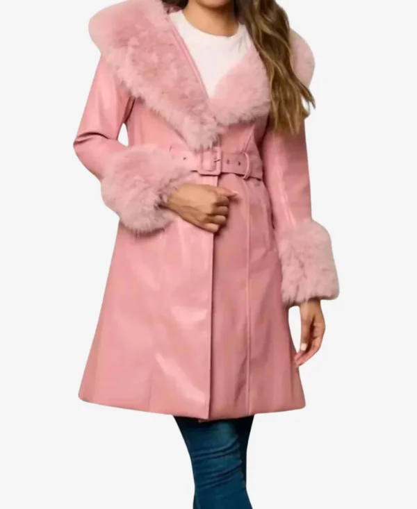 Chelsea Hamilton Tv Series Beyond The Gates 2025 RhonniRose Mantilla Pink Fur Collar Leather Coat